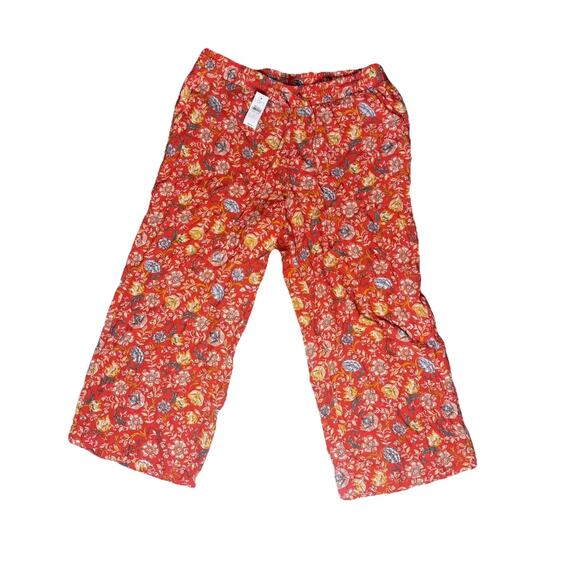 LOFT Floral Wide Leg Pants Red Multicolor Viscose NWT Size L Elastic Waist Boho - Picture 2 of 9